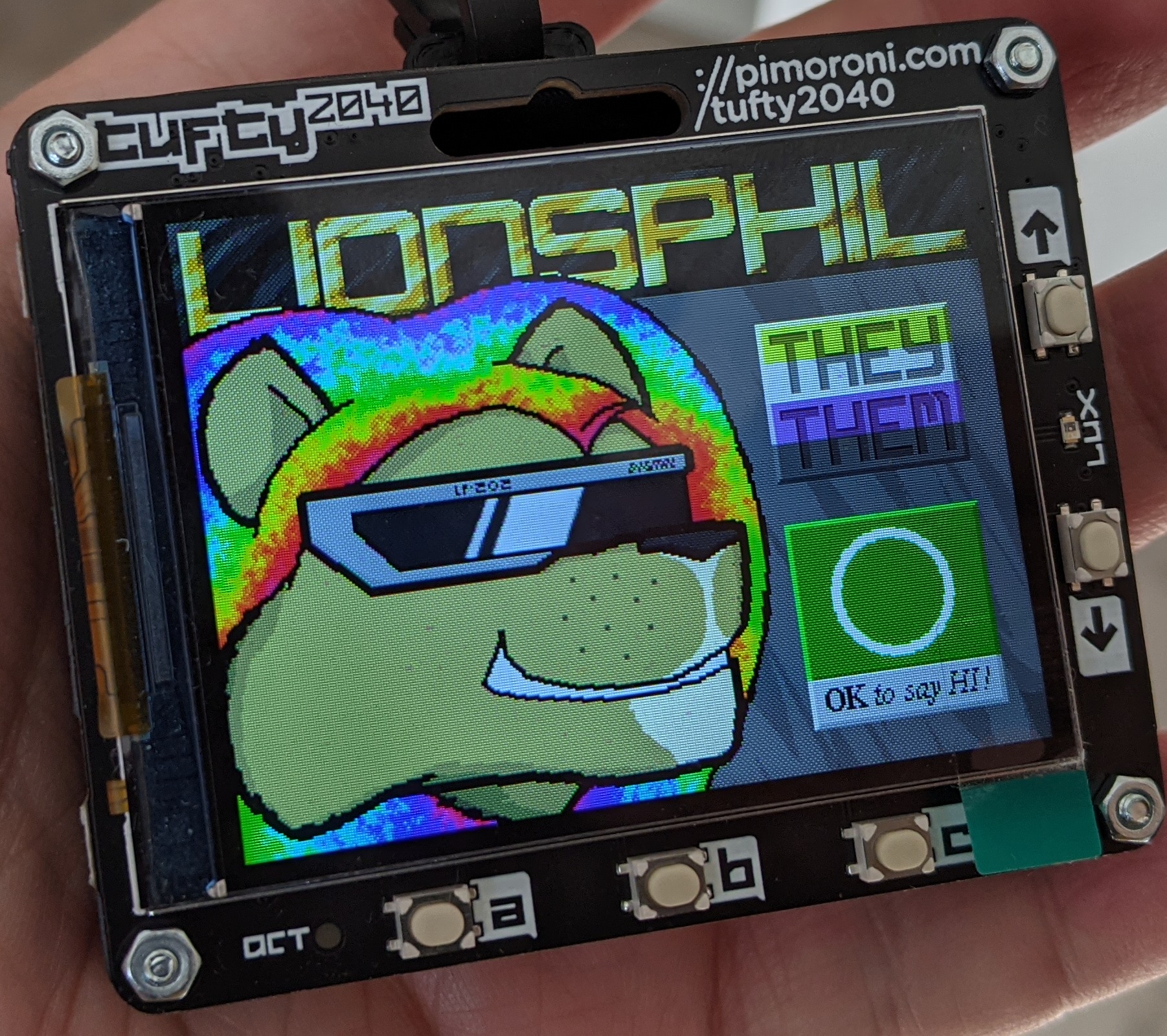 A circuit board with a color display showing my character,
        surrounded by a few buttons; if this were the video, it would tilt to
        show it is mounted in a narrow black plastic box on a lanyard.